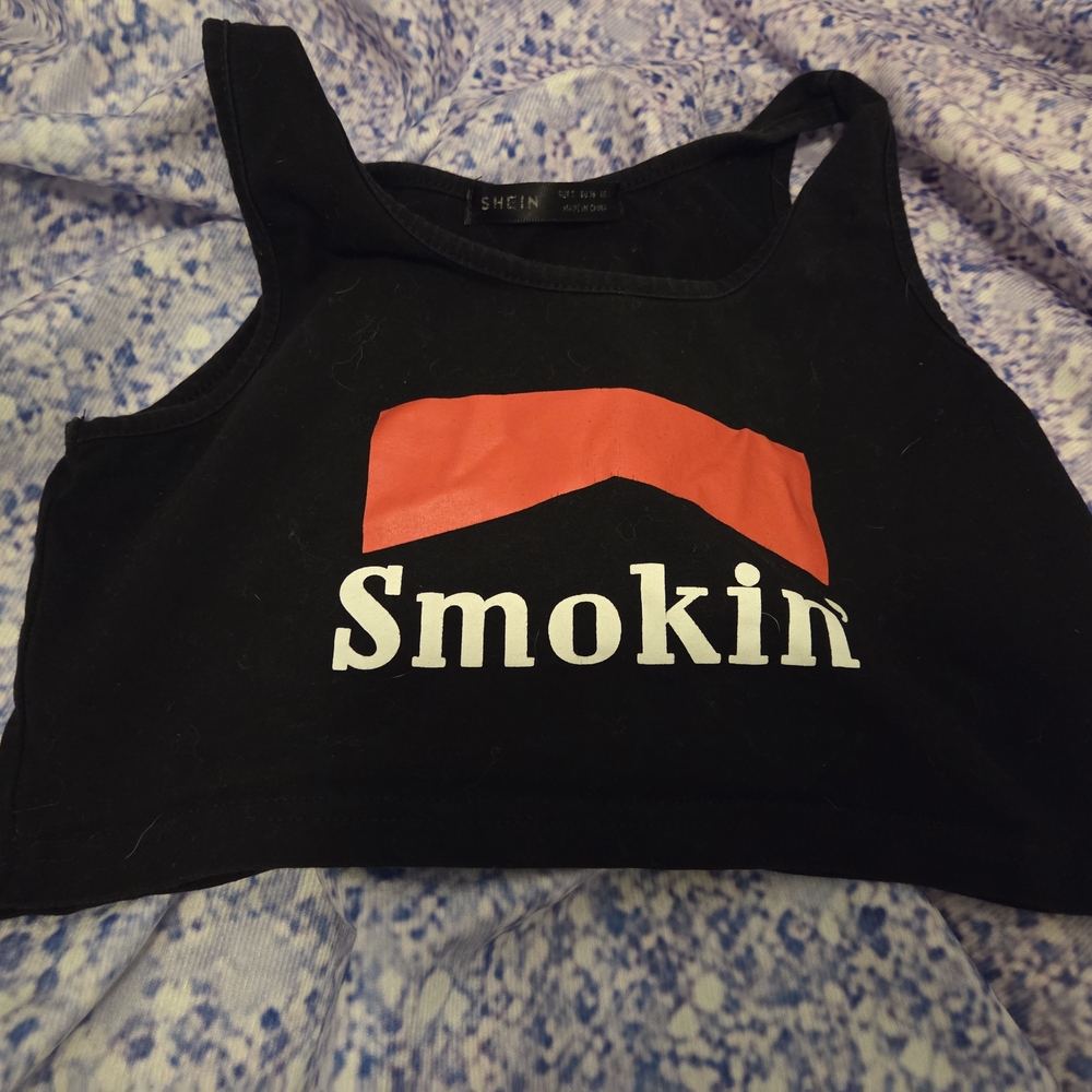 Black Crop Top with Red and White Graphic